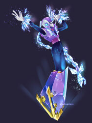 Rule 34 | 1boy, android, aoinudayo, arm up, armor, black bodysuit, bodysuit, braid, breastplate, capcom, commentary request, covered navel, crossed legs, crystal, crystal hair, face mask, forehead jewel, frost, full body, gloves, grey background, hands up, helmet, highres, ice, ice skates, in air, joints, light particles, long hair, looking at viewer, looking to the side, male focus, mask, mega man (classic), mega man (series), mega man 11, midair, mouth mask, multicolored armor, no mouth, outstretched arm, particles, ponytail, purple armor, purple headwear, red eyes, robot, robot ears, robot joints, shoulder armor, simple background, skates, solo, sparkle, tagme, tundra man, vambraces, very long hair, white gloves