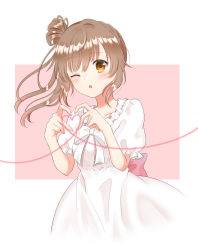 Rule 34 | 1girl, :o, back bow, blush, bow, brown hair, cevio, dress, dress bow, frilled dress, frills, hair bun, hands up, heart, heart hands, highres, long hair, looking at viewer, one eye closed, open mouth, puffy short sleeves, puffy sleeves, rooibos, satou sasara, short sleeves, side ponytail, single side bun, solo, yellow eyes