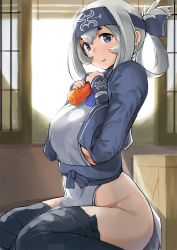 Rule 34 | 10s, 1girl, ainu clothes, blue eyes, breasts, carrot, cropped jacket, folded ponytail, haru (renol), headband, kamoi (kancolle), kantai collection, long hair, long sleeves, looking at viewer, seiza, sideboob, sidelocks, sitting, solo, thick eyebrows, thighhighs, white hair, wrist guards