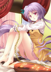 Rule 34 | 1girl, bare legs, barefoot, biwa lute, chain, cuffs, curtains, flower, frilled skirt, frills, hair flower, hair ornament, highres, instrument, knees up, long hair, long sleeves, lute (instrument), musical note, open mouth, purple eyes, purple hair, rasahan, shackles, shirt, sitting, skirt, smile, solo, thighs, touhou, tsukumo benben, very long hair