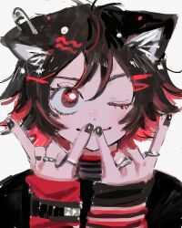 Rule 34 | 1girl, animal ears, black eyes, black hair, black nails, black theme, double m/, hair ornament, hairclip, highres, jewelry, layered shirt, m/, multicolored eyes, multicolored hair, nail polish, one eye closed, original, piercing, portrait, red theme, ring, safety pin, safety pin piercing, sahau228, shirt, short hair, smile, solo, striped clothes, striped shirt, turtleneck, two-tone hair, x hair ornament