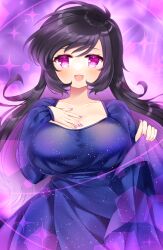 Rule 34 | 1girl, :d, black hair, blue dress, blush, breasts, collarbone, commission, copyright request, dress, hands up, highres, large breasts, long hair, long sleeves, looking at viewer, multicolored hair, nail polish, open mouth, puffy long sleeves, puffy sleeves, purple eyes, purple hair, purple nails, shikito (yawa0w0), skeb commission, sleeves past wrists, smile, solo, sparkle background, two-tone hair, very long hair