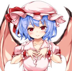 Rule 34 | 1girl, bad id, bad pixiv id, bat wings, blue hair, blush, collarbone, frills, hands on own chest, hat, hat ribbon, maremay0513, mob cap, puffy short sleeves, puffy sleeves, red eyes, remilia scarlet, ribbon, short hair, short sleeves, solo, touhou, white background, wings, wrist cuffs