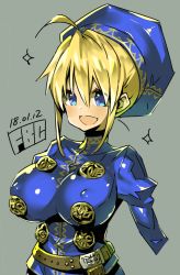 Rule 34 | 1girl, ahoge, blonde hair, blue eyes, breasts, fantasy earth zero, fbc, hat, large breasts, long sleeves, open mouth, short hair, simple background, solo