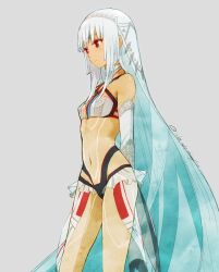 1girl altera_(fate) arms_behind_back blue_eyes breasts dark-skinned_female dark_skin expressionless fate/extella fate/extra fate_(series) full-body_tattoo gradient_hair long_hair multicolored_hair navel profile red_eyes shiromako signature small_breasts solo tattoo veil very_long_hair white_hair