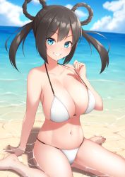 Rule 34 | 1girl, aqua eyes, beach, bikini, black hair, blue sky, braid, braided hair rings, breasts, cleavage, cloud, collarbone, commentary request, day, grin, hair rings, horizon, large breasts, looking at viewer, midoriyama soma, navel, ocean, oshiro project:re, outdoors, partially submerged, sitting, sky, smile, solo, swimsuit, takiyama (oshiro project), twin braids, twintails, wariza, water, white bikini