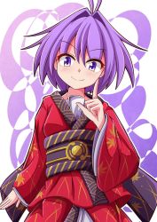 Rule 34 | 1girl, ahoge, aospanking, closed mouth, cowboy shot, highres, index finger raised, japanese clothes, kimono, long sleeves, looking at viewer, multicolored background, obi, purple background, purple eyes, purple hair, red kimono, sash, short hair, smile, solo, standing, sukuna shinmyoumaru, touhou, two-tone background, v-shaped eyebrows, white background, wide sleeves