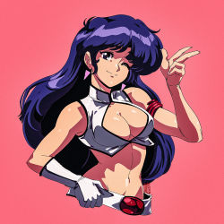 Rule 34 | 1980s (style), 1girl, ;), armlet, belt, belt buckle, breasts, buckle, cleavage, cleavage cutout, clothing cutout, covered erect nipples, david liu, dirty pair, earrings, gloves, halterneck, hand on belt, highres, jewelry, long hair, looking at viewer, medium breasts, narrow waist, navel, no bra, oldschool, one eye closed, pink background, purple eyes, purple hair, retro artstyle, single glove, smile, solo, stomach, triangle earrings, upper body, v, white gloves, yuri (dirty pair)