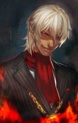 Rule 34 | 1boy, antonio salieri (fate), antonio salieri (second ascension) (fate), ascot, black jacket, collared shirt, fate/grand order, fate (series), fire, formal, izura mari, jacket, jewelry, long sleeves, looking at viewer, male focus, necklace, neckwear request, pinstripe pattern, red ascot, shirt, short hair, simple background, smirk, solo, striped, suit, upper body, white hair, white shirt