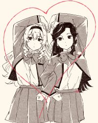 Rule 34 | 2girls, arm up, bow, bowtie, brown background, clenched hand, closed mouth, collared shirt, commentary, hair between eyes, hair bow, hairband, heart, heart arms, heart arms duo, highres, jacket, locked arms, long hair, long sleeves, looking at viewer, miniskirt, monochrome, multiple girls, open clothes, open jacket, parted bangs, pleated skirt, saijou claudine, school uniform, seishou music academy uniform, shirt, shirt tucked in, shoujo kageki revue starlight, shozoku, side-by-side, sidelocks, simple background, skirt, spot color, standing, tendou maya, wavy hair