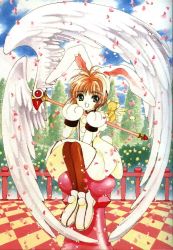 Rule 34 | 1990s (style), 1girl, :d, animal ears, cardcaptor sakura, clamp, cloud, creature, fuuin no tsue, happy, kero (cardcaptor sakura), kinomoto sakura, looking at viewer, official art, open mouth, outdoors, rabbit ears, retro artstyle, sky, smile, solo, tagme, wings