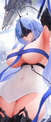Rule 34 | 1girl, absurdres, aisuxice, alsace (azur lane), armpits, azur lane, bare shoulders, between breasts, black tiara, blue eyes, blue hair, blush, breast strap, breasts, cleavage, detached collar, gauntlets, hair ornament, highres, large breasts, long hair, navel, ribbon, sidelocks, smile, solo, thighs, tiara, very long hair