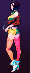 Rule 34 | 1girl, ankle boots, bare shoulders, bob cut, boots, breasts, cigarette, cowboy bebop, eymbee, faye valentine, front-tie top, full body, hairband, high heel boots, high heels, medium breasts, pink thighhighs, purple background, purple hair, short hair, short shorts, shorts, smoking, solo, standing, suspender shorts, suspenders, thighhighs