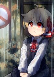 Rule 34 | 1girl, :&lt;, ahoge, ascot, black dress, blonde hair, closed mouth, collared shirt, commentary, dress, english commentary, hair ribbon, highres, long sleeves, pinafore dress, rain, red ascot, red eyes, red ribbon, ribbon, rion (user ufvg8527), rumia, shirt, short hair, sitting, sleeveless, sleeveless dress, solo, taking shelter, touhou, wet, wet clothes, white shirt