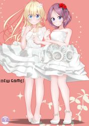 Rule 34 | 2girls, absurdres, bare shoulders, blonde hair, blue eyes, blush, chuutaro metal, closed mouth, collarbone, copyright name, dress, floating hair, flower, full body, hair between eyes, hair flower, hair ornament, high heels, highres, layered dress, locked arms, long hair, looking at viewer, medium hair, multiple girls, new game!, parted bangs, pink background, pumps, purple hair, red flower, red rose, resolution mismatch, rose, short dress, smile, source smaller, standing, strapless, strapless dress, sweatdrop, tooyama rin, wedding dress, white dress, white flower, white footwear, yagami kou