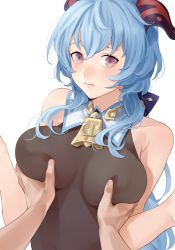 Rule 34 | 1girl, 1other, bare arms, bare shoulders, bell, blue hair, blush, grabbing another&#039;s breast, breasts, ganyu (genshin impact), genshin impact, grabbing, horns, long hair, looking at viewer, medium breasts, neck bell, paid reward available, pan8, purple eyes, sidelocks, sleeveless, upper body