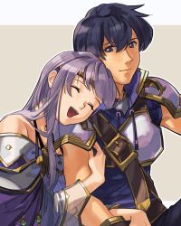 Rule 34 | 1boy, 1girl, arm hug, armor, asagi (banzoku210), black hair, breastplate, closed eyes, closed mouth, dress, fire emblem, fire emblem: genealogy of the holy war, highres, hug, julia (fire emblem), long hair, looking at another, looking to the side, nintendo, off shoulder, open mouth, pauldrons, purple dress, purple hair, purple shirt, scathach (fire emblem), see-through, see-through sleeves, shirt, short hair, shoulder armor, sitting, sleeveless, sleeveless shirt, smile, teeth, upper teeth only
