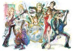 Rule 34 | 4boys, 4girls, absurdres, acoustic guitar, alfyn (octopath traveler), artist name, blonde hair, brown hair, cello, china dress, chinese clothes, cyrus (octopath traveler), dress, drum, drum set, drumsticks, electric guitar, formal, guitar, h&#039;aanit (octopath traveler), high heels, highres, ikusy, instrument, jacket, keyboard (instrument), leather, leather jacket, leg warmers, linde (octopath traveler), multiple boys, multiple girls, music, octopath traveler, octopath traveler i, official art, olberic eisenberg, open mouth, ophilia (octopath traveler), parted lips, piano, playing instrument, plectrum, primrose azelhart, red dress, shoes, simple background, sitting, smile, sneakers, square enix, suit, sunglasses, tank top, therion (octopath traveler), thigh gap, thighlet, tressa (octopath traveler), violin, white dress