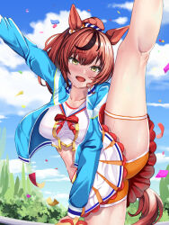 Rule 34 | 1girl, animal ears, arm up, blue jacket, blue sky, blush, breasts, brown eyes, cloud, cloudy sky, commentary, confetti, cropped jacket, cropped shirt, highres, horse ears, horse girl, horse tail, jacket, kneepits, long sleeves, looking at viewer, medium breasts, medium hair, mushi3104, nice nature (run&amp;win) (umamusume), nice nature (umamusume), official alternate costume, official alternate hairstyle, open clothes, open jacket, open mouth, orange shorts, outdoors, ponytail, shirt, short shorts, shorts, skirt, sky, sleeveless, sleeveless shirt, smile, solo, split, standing, standing on one leg, standing split, tail, thigh strap, umamusume, white shirt, white skirt