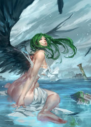 Rule 34 | 1girl, arm support, ass, baraba baba, barefoot, breasts, butt crack, feathers, green hair, large breasts, long hair, looking back, original, partially submerged, red eyes, rubble, ruins, sideboob, sitting, soles, wariza, water, wings
