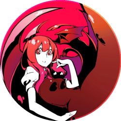 Rule 34 | 1girl, bad id, bad pixiv id, bat wings, breasts, circle, commentary request, dress, gradient background, head wings, koakuma, large wings, long hair, looking at viewer, monochrome, pinky out, pisoshi, puffy short sleeves, puffy sleeves, red eyes, red hair, red theme, round image, short sleeves, small breasts, smile, solo, touhou, very long hair, wings