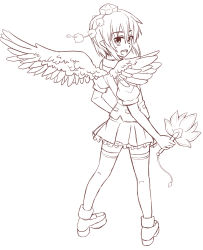 Rule 34 | &gt;:d, 1girl, :d, absurdres, bird wings, blush, feather fan, hand on own hip, hat, highres, kneepits, looking at viewer, looking back, miniskirt, monochrome, open mouth, pointy ears, pom pom (clothes), shameimaru aya, short hair, sketch, skirt, smile, solo, tanakara, thighhighs, tokin hat, touhou, v-shaped eyebrows, wings