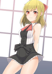 Rule 34 | 1girl, bare shoulders, black bow, black skirt, blonde hair, blush, bow, breasts, character request, closed mouth, collared shirt, commentary request, dress shirt, hair bow, hekomii, long hair, medium breasts, original, pleated skirt, red bow, red eyes, shirt, skirt, sleeveless, sleeveless shirt, solo, virtual youtuber, white shirt, window