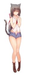 Rule 34 | 1girl, absurdres, animal ears, ankle boots, black hair, boots, brown eyes, brown footwear, cat ears, cat tail, cocoa (cafe-hotcocoa), cross-laced footwear, highres, lace-up boots, long hair, original, shorts, simple background, sleeveless, solo, tail