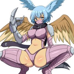 Rule 34 | 1girl, armor, bikini, black scarf, blue eyes, blue hair, breasts, claws, commentary request, digimon, digimon (creature), facial mark, feathered wings, garter straps, groin, hair between eyes, hair wings, hand up, highres, large breasts, long hair, looking at viewer, mask, mouth mask, navel, ninja mask, partial commentary, purple bikini, purple thighhighs, rinouru, scarf, shoulder armor, shutumon, sidelocks, simple background, skindentation, solo, spread legs, squatting, stomach, swimsuit, thighhighs, white background, wings