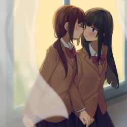 Rule 34 | 2girls, black skirt, blurry, blurry foreground, bow, bowtie, brown hair, brown jacket, buttons, closed eyes, closed mouth, collared shirt, cowboy shot, curtains, holding hands, imminent kiss, inuko (ink0425), jacket, light particles, long hair, long sleeves, multiple girls, original, parted lips, pleated skirt, purple eyes, red bow, red bowtie, school uniform, shirt, sidelocks, skirt, striped bow, striped bowtie, striped clothes, twintails, window, yellow background, yuri