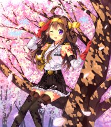 Rule 34 | 1girl, adapted costume, ahoge, bare shoulders, boots, brown hair, cherry blossoms, cosplay, detached sleeves, double bun, elbow gloves, gloves, hairband, headgear, japanese clothes, kantai collection, kantoku (style), kongou (jmsdf), kongou (kancolle) (cosplay), kongou (kancolle), long hair, one eye closed, open mouth, personification, phanc, purple eyes, red gloves, salute, skirt, smile, solo, thigh boots, thighhighs, wink