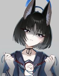Rule 34 | 1boy, 1girl, animal ear fluff, animal ears, black eyes, black hair, blue archive, bright pupils, cat ears, choker, collarbone, doodle sensei (blue archive), flying sweatdrops, gen (unzzenasd), grey background, halo, hands up, haori, highres, japanese clothes, kikyou (blue archive), ribbon choker, sailor collar, sensei (blue archive), shaded face, shirt, short hair, sound effects, strangling, string, upper body, white pupils, white shirt