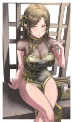 Rule 34 | 1girl, absurdres, arm support, blush, breasts, brown hair, china dress, chinese clothes, cleavage, commentary request, crossed legs, cup, dress, hair ribbon, highres, holding, holding cup, idolmaster, idolmaster cinderella girls, idolmaster cinderella girls starlight stage, large breasts, long hair, looking to the side, mukai takumi, nail polish, parted bangs, parted lips, pink lips, red nails, ribbon, ro torobo, see-through, short sleeves, sidelocks, sitting, teapot, thighs, yellow eyes