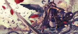 Rule 34 | 10s, 1girl, after battle, bird, black gloves, black thighhighs, blood, bloody weapon, boots, brown footwear, brown jacket, cigarette, cloud, embellished costume, flag, fujita (condor), gloves, headgear, highres, jacket, kantai collection, long sleeves, looking away, md5 mismatch, ocean, partially fingerless gloves, petals, planted, planted sword, planted weapon, purple hair, resolution mismatch, seagull, sitting, smoking, source smaller, sword, tenryuu (kancolle), thighhighs, weapon, wo-class aircraft carrier, yellow eyes
