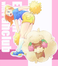Rule 34 | :d, ^ ^, backers (pokemon), bent over, blonde hair, blue shirt, breasts, character name, cheerleader, closed eyes, commentary request, creature, creatures (company), english text, facing viewer, game freak, gen 5 pokemon, happy, holding, holding pom poms, long hair, looking at viewer, nintendo, open mouth, pocket, pokemon, pokemon (creature), pokemon bw, pom pom (cheerleading), pom poms, shirt, shoes, short shorts, short sleeves, shorts, small breasts, smile, sneakers, socks, standing, toge nbo, whimsicott, white legwear, yellow shorts