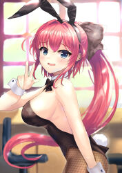 1girl ainokura_kazuha amanatsu animal_ears arm_at_side bare_shoulders black_bow black_bowtie black_leotard blue_eyes blurry blurry_background blush bow bowtie commentary cowboy_shot depth_of_field detached_collar fake_animal_ears fake_tail fishnet_pantyhose fishnets floating_hair from_side hair_between_eyes hair_bow hair_intakes hand_up highres indoors leotard long_hair looking_at_viewer mole mole_under_eye nowa2109 open_mouth pantyhose playboy_bunny ponytail rabbit_ears rabbit_tail red_hair shy sidelocks smile solo sparkle strapless strapless_leotard tail v very_long_hair white_wrist_cuffs wrist_cuffs