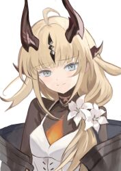 Rule 34 | 1girl, arknights, blonde hair, blue eyes, blunt bangs, blush, bodysuit, bodysuit under clothes, closed mouth, dragon horns, dress, flower, highres, horns, lily (flower), long hair, looking at viewer, reed (arknights), reed the flame shadow (arknights), simple background, smile, solo, touchika, upper body, white background, white dress