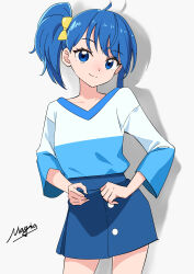 Rule 34 | 1girl, absurdres, artist name, blue eyes, blue hair, blue shirt, blue skirt, bow, closed mouth, commentary, cowboy shot, grey background, hair bow, highres, hirogaru sky! precure, kissshotmagia, long sleeves, looking at viewer, medium hair, precure, shirt, side ponytail, simple background, skirt, smile, solo, sora harewataru, standing, two-tone shirt, watermark, white shirt, yellow bow