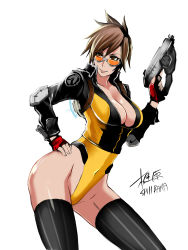 Rule 34 | 1girl, adapted costume, black thighhighs, breasts, brown eyes, brown hair, cleavage, closed mouth, collarbone, contrapposto, cowboy shot, goggles, gun, hand on own hip, handgun, highleg, highleg leotard, highres, holding, holding gun, holding weapon, leotard, looking at viewer, matching hair/eyes, medium breasts, overwatch, overwatch 1, shibusun, short hair, simple background, smile, solo, spiked hair, standing, thighhighs, tracer (overwatch), weapon, white background