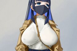 Rule 34 | 1girl, between breasts, blue eyes, blunt bangs, breasts, coat, colored inner hair, covered erect nipples, ear piercing, highres, hololive, hololive english, impossible clothes, impossible shirt, large breasts, long hair, looking away, mask, mouth mask, multicolored hair, official alternate costume, ouro kronii, ouro kronii (casual), piercing, qazplm951, shirt, simple background, solo, strap between breasts, upper body, virtual youtuber