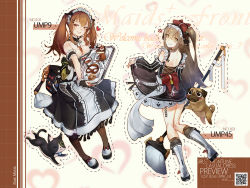Rule 34 | 1girl, 2girls, alternate costume, angry, apron, artist name, bag, bare shoulders, bell, blush, boots, bow, breasts, broom, brown eyes, brown hair, brown socks, cake, cat, character name, cherry, choker, cleavage, coffee, coffee mug, collar, collarbone, cookie, cup, detached sleeves, dog, dress, enmaided, fingerless gloves, food, footwear bow, frilled choker, frills, from behind, fruit, girls&#039; frontline, gloves, hair between breasts, hair bow, hair ornament, heart, holding, holding broom, holding clothes, holding dress, holding tray, knee boots, kneehighs, leaning forward, long hair, looking at viewer, looking back, maid, maid apron, maid headdress, mania (fd6060 60), medium breasts, mug, multiple girls, one eye closed, one side up, open mouth, pantyhose, pretzel, ribbon, saucer, scar, scar across eye, scar on face, shaded face, shoes, shoulder blades, siblings, sisters, skirt, smile, socks, strap, strapless, strapless dress, tassel, tray, twins, twintails, ump45 (girls&#039; frontline), ump9 (girls&#039; frontline)