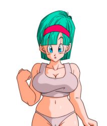 Rule 34 | 1girl, bare arms, bare legs, bare shoulders, blue eyes, blunt bangs, breasts, bulma, cameltoe, cleavage, cowboy shot, dragon ball, dragonball z, earrings, female focus, green hair, grey tank top, groin, hairband, hand up, jewelry, large breasts, legs, looking at viewer, midriff, navel, panties, parted lips, red hairband, short hair, solo, standing, stud earrings, tank top, thighs, transparent background, underwear, underwear only, yamamoto doujin
