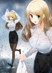 Rule 34 | 1girl, amami amayu, atago (kancolle), black pantyhose, black skirt, blonde hair, blush, bra, breasts, collared shirt, commentary request, full body, high-waist skirt, high heels, kantai collection, large breasts, long hair, long sleeves, looking at viewer, one eye closed, outdoors, pantyhose, pencil skirt, pumps, rain, see-through, shirt, shirt tucked in, side slit, skirt, underwear, water, wet, wet clothes, wet hair, white bra, white shirt