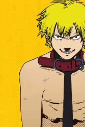 Rule 34 | 1boy, abs, blonde hair, chainsaw man, cleaned, collar, denji (chainsaw man), fujimoto tatsuki, green eyes, highres, leash, looking at viewer, official art, open mouth, pectorals, pectorals, red collar, sharp teeth, topless male, short hair, smile, solo, teeth, yellow background