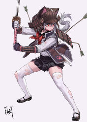 Rule 34 | 1girl, animal hat, armor, arrow (projectile), artist name, black footwear, black skirt, cat hat, chin strap, closed mouth, fkey, full body, grey hair, hat, helmet, highres, holding, holding sword, holding weapon, japanese armor, kabuto (helmet), katana, legs apart, long sleeves, mary janes, miniskirt, original, pleated skirt, ponytail, red eyes, school uniform, serafuku, shoes, shoulder armor, signature, skirt, sode, solo, standing, sword, thighhighs, torn clothes, torn thighhighs, weapon, white thighhighs