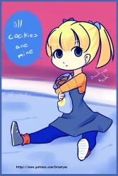 Rule 34 | 1girl, :3, angelica pickles, angry, blonde hair, blue eyes, blue footwear, blue pantyhose, cookie, drantyno, dress, food, hair ribbon, highres, holding, long hair, long sleeves, looking at viewer, nickelodeon, orange shirt, pantyhose, purple dress, ribbon, rugrats, shirt, shoes, sitting, sleeveless, sleeveless dress, sneakers, striped clothes, striped shirt, twintails