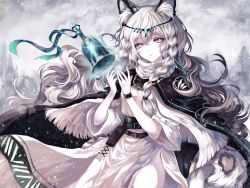Rule 34 | 1girl, absurdres, animal ear fluff, animal ears, arknights, bead necklace, beads, bell, black cape, blue ribbon, braid, cape, cloud, cloudy sky, cowboy shot, dress, grey eyes, hair between eyes, hands up, headpiece, highres, jewelry, lens flare, long hair, long sleeves, looking at viewer, necklace, outdoors, parted lips, pramanix (arknights), ribbon, sheya, side slit, silver hair, sky, snowing, solo, standing, tail, tiger ears, tiger tail, turtleneck, turtleneck dress, twin braids, white dress, wide sleeves, wristband