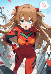 Rule 34 | 1girl, :o, anger vein, blue eyes, blush, bodysuit, breasts, brown hair, highres, long hair, looking at another, looking at viewer, neon genesis evangelion, outdoors, plugsuit, red bodysuit, shiny clothes, sleepy cn, solo, souryuu asuka langley, tsundere, very long hair, wide hips