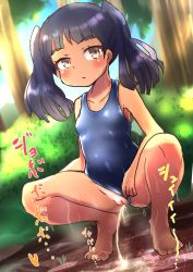 Rule 34 | 1girl, barefoot, blue hair, blush, cleft of venus, clothing aside, feet, highres, long hair, looking at viewer, peeing, pussy, solo, squatting, sweat, swimsuit, swimsuit aside, toes, twintails, uncensored, vanilla anmitsu