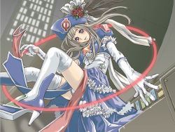 Rule 34 | 1girl, blue eyes, dress, elbow gloves, feathers, flower, gloves, hat, high heels, highres, long hair, opera-tan, os-tan, ribbon, rose, shoes, silver hair, solo, temp h, thighhighs, thighs